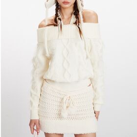 OEM Women's Cable Twist Fuzzy Off Shoulder Halter Tie Back Cropped Sweater Fold Bardot Neck Fluffy Long Sleeve Coquette Knit Top