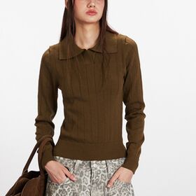 Women's Vertical Ribbed Wide Lapel Polo Collar Slim Fit Cropped Knit Long Sleeve Top Retro Y2K Fitted Pique Neck Sweater Blouse