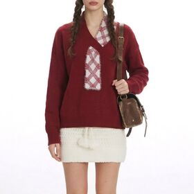 OEM ODM Custom Women's Oversized V-Neck Sweater with Fuzzy Plaid Fake Tie Detail Drop Shoulder Loose Long Sleeve Knit Pullover