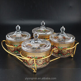 4Pcs European Moroccan Colored Glass Sugar Pot Set With Golden Metal Stand Handle