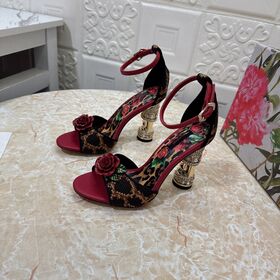 Women's Luxury Brand Heels Leopard Print Canvas Satin CRYSTAL Rose Applique 105 Ankle Strap High Heel Sandals
