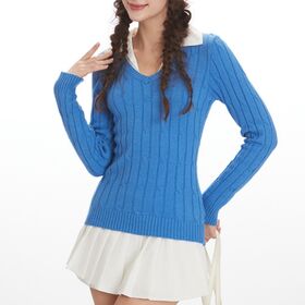 Women's Blue Cable Knit Fake Two Piece Collared V-Neck Slim Long Sleeve Sweater Preppy Layered Polo Collar Fitted Knit Pullover