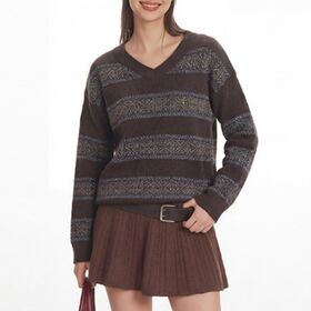 Women's Dark Brown Fair Isle Striped V-Neck Sweater Vintage Nordic Geometric Pattern Drop Shoulder Loose Winter Knit Pullover