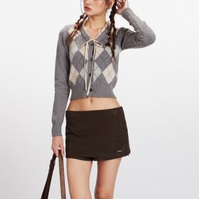 Women's Argyle Diamond Print V-Neck Button Down Cropped Cardigan Preppy Lace Ribbon Tie Front Long Sleeve Slim Knit Sweater