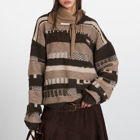 OEM ODM Custom Western Cowboy Brown Tone Patchwork Stripe Jacquard Oversized Women Crew Neck Sweater