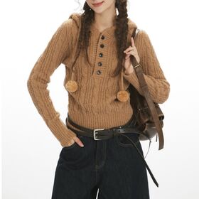 Women's Fuzzy Cable Knit Pom Drawstring Hooded Half Button Slim Cropped Sweater Coquette Textured Rib Long Sleeve Hoodie Knit Top