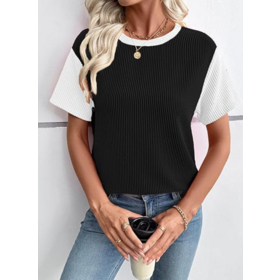 Women Color Block Raglan Short Sleeve Tee Crew Neck Loose Casual Contrast To