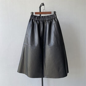 High Waist Genuine Leather Knee Length A Line Skirt Office Ladies Wear