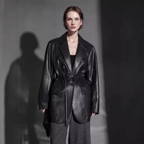 Women's Smooth Faux Leather Blazer Jacket Self Tie Belt Waist Single Button Two Flap Pocket Oversized Mid-Length Leather Suit Coat