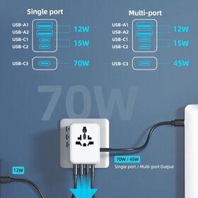 Adaptateur de Voyage Universel NO.1 pour Essentiels de Voyage, PD 70W, 2 USB + 3 Type-C, Chargeur Prise Secteur pour Maison & Bureau & Voyage