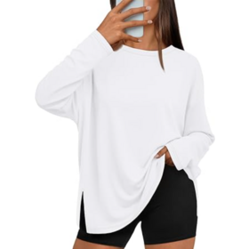 Tee-shirt tunique basique ample et décontracté pour femme, col rond, manches longues, ourlet incurvé doux, coupe oversize