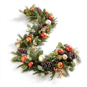 Cross Border New Christmas Wreath Green Gold Decoration Ball Pinecone Light Door Hanging Artificial Pine Needle Vine Hanging