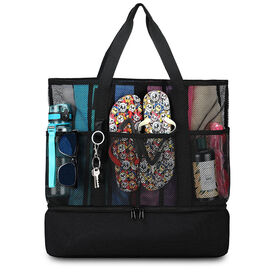 Bolsas de playa al por mayor, tote con múltiples bolsillos, a prueba de arena, separación seca y húmeda para mujer, poliéster plegable de malla con enfriador, viaje personalizado, gimnasio