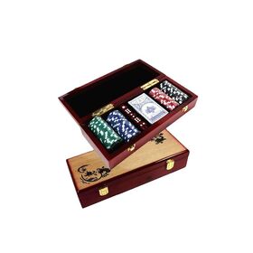Classic wooden poker game set with playing chips