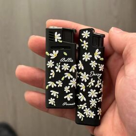 Black Green Leaf Daisy Windproof Torch Lighter Set, Pink & Blue Flame Creative Trendy Gift for Boyfriend