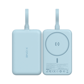 باور بانك X-ONE الجديد 10000 مللي أمبير مع كابل مدمج ومخرج واحد، شحن سريع لاسلكي MagCharge Orbit بقوة 22.5 واط باللون الأزرق