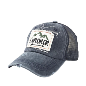 Ausgewaschene, distressed Explorer Mountain Patch Trucker Cap, Vintage Grey Mesh Back Baseball Cap, verstellbar, ausgefranst, für den Außenbereich