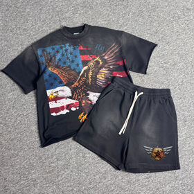 Poids lourd Streetwear Blank Curling Surdimensionné Acid Wash Streetwear Impression Goutte Épaule T-Shirts et Shorts Ensembles pour Hommes