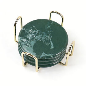 Wholesale 4Pcs Green Marble Round Drink Coaster Set with Gold Metal Storage Holder Custom Table Protection Cup Mats Drink Rests