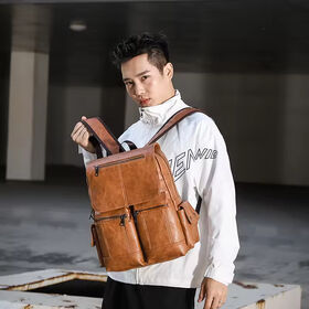 College School PU Leather Rucksack for Men High Capacity Waterproof Zipper Laptop Backpack with Custom Silk Screen Printing Logo