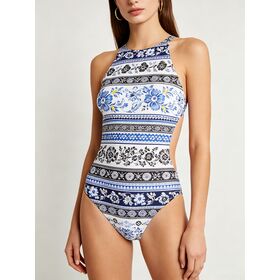 Bikini Wanita OEM/ODM, Pakaian Renang Vintage Biru Motif Bunga Garis-garis dengan Potongan Belakang dan Tali Pengikat, Cocok untuk Liburan Pantai