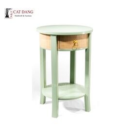 Vietnamese Factory Round Lacquer Side Table with Rattan Drawer
