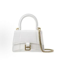 Mini White Hourglass Bag for Women with Metal Logo, Cow Leather Hand Shoulder Crossbody Bag