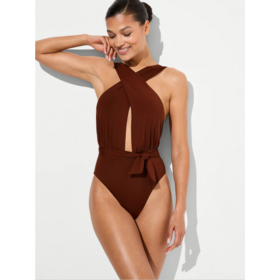 OEM/ODM Damen One-Piece Badeanzug mit gekreuztem Neckholder, tiefem V-Ausschnitt, Taillenbindegürtel und hohem Beinausschnitt