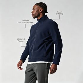 Chaqueta Azul Marino de Cuello Alto con Cremallera Completa y Corte Relajado | Capa de Rendimiento Transpirable y de Secado Rápido Ultra Suave