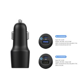 ملحق سيارة فاخر، شاحن سيارة بمنفذين 35 واط، PD35W + Smart 2.4A، مؤشر LED، أسود، مصنع OEM و ODM