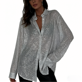 Drop Shoulder Sequined Long Sleeve Casual Women Blouse