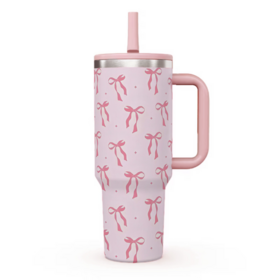 New Arrival 40oz Pink Cherry Bow Heart Print Custom Stainless Steel Tumbler with Handle for Car