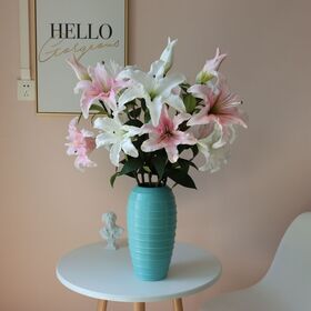 Ranting Bunga Lily Artificial Campuran dengan Kuncup & Bunga Mekar, Lily Palsu Dua Warna Elegan untuk Kamar Tidur, Kafe & Penataan Bunga Acara, Bunga Buatan