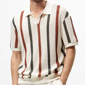 Men's Short-Sleeved V-Neck Business T-Shirt Breathable Knitted Style with Hollow Striped for Polo Front Logo Position