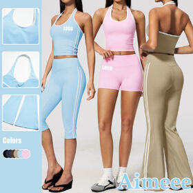 Conjunto de Ropa Deportiva de Yoga para Mujer: Top Corto con Bloques de Color + Pantalones Cortos/Leggings Capri para Gimnasio