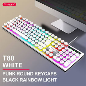Keyboard USB Kabel T80, 104 Tombol, Keycaps Silikon Bulat Luminous Gaya Punk, Lampu Latar Pelangi 7 Warna, Tahan Air, untuk Desktop PC