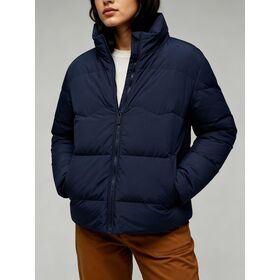 Chaqueta Acolchada Corta para Mujer con Cuello Alto, Abrigo de Invierno Ligero y Cálido en Azul Marino con Cremallera Completa y Bolsillos para Manos