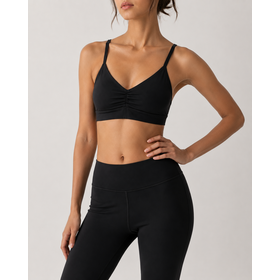 Bra Olahraga Wanita Leher V Ruched, Tali Tipis Dapat Disesuaikan, Stretch Lembut Cepat Kering untuk Yoga dan Kebugaran