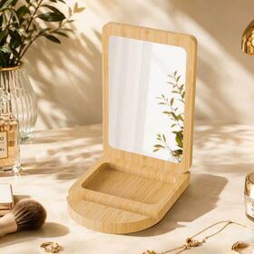 Eco Friendly Bamboo 4-in-1 Multifunction Makeup Organizer with Mirror Phone Stand and Sundries Storage