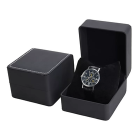 Black PU Leather Single Watch Gift Box com saco de presente de papel correspondente, Flip Lid Wristwatch Storage Packaging Case para homens Mulheres