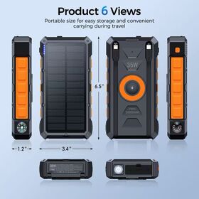 Batterie Externe Haute Capacité 30000mAh avec Lumière LED, 2 Câbles Intégrés, Charge Sans Fil pour Longs Voyages, Batterie Solaire