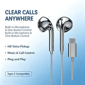 Earphone Stereo Kabel USB-C Universal, Casing Logam Tahan Lama dengan Kontrol Panggilan Hands-Free, Kompatibel dengan Semua Ponsel dan Tablet Tipe-C