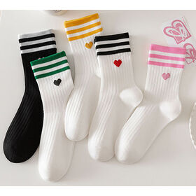 Women's Custom Cotton Socks Fashion Heart Stripes Crew Preppy Style Socks for Women Wholesale