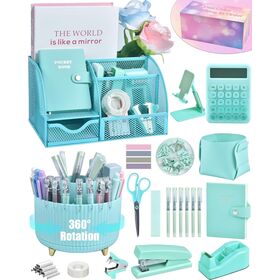 Set Organizador de Escritorio Verde Azul 21 Piezas con Portalápices Giratorio, Suministros de Oficina de Malla, Caja de Regalo para Hombres y Mujeres