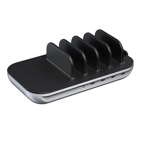 Stasiun pengisi daya pintar universal multifungsi portabel desktop, 5 port USB C dan pengisi daya nirkabel untuk ponsel