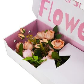 Two-Tone White Exterior Pink Liner Flip Aircraft Box Inner Bold Floral Slogan Print Corrugated Packaging For Fresh Cut Rose Bouque