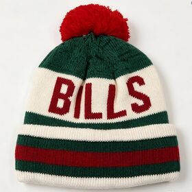 Beanie Rajut Bergaris dengan Manset dan Pom Pom, Logo Huruf Jacquard BILLS, Topi Skull Akrilik Hangat Musim Dingin Kustom Bergaris Warna Tim.