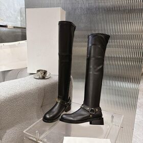 GUESS Women's Jellio Over The Knee Lug Sole Designer Platform Boots Luxury Leather Long Boots Black