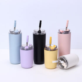 Cangkir Kopi Mini Stainless Steel 304 Fashion Baru, Double Vacuum, Portabel Outdoor dengan Sedotan dan Tutup Flip
