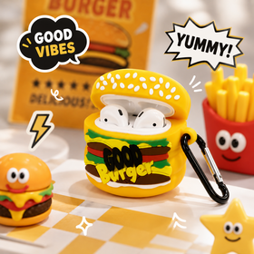 Casing Silikon Hamburger Kompatibel dengan AirPods, Sarung Earphone Tahan Guncangan Lucu dengan Lanyard